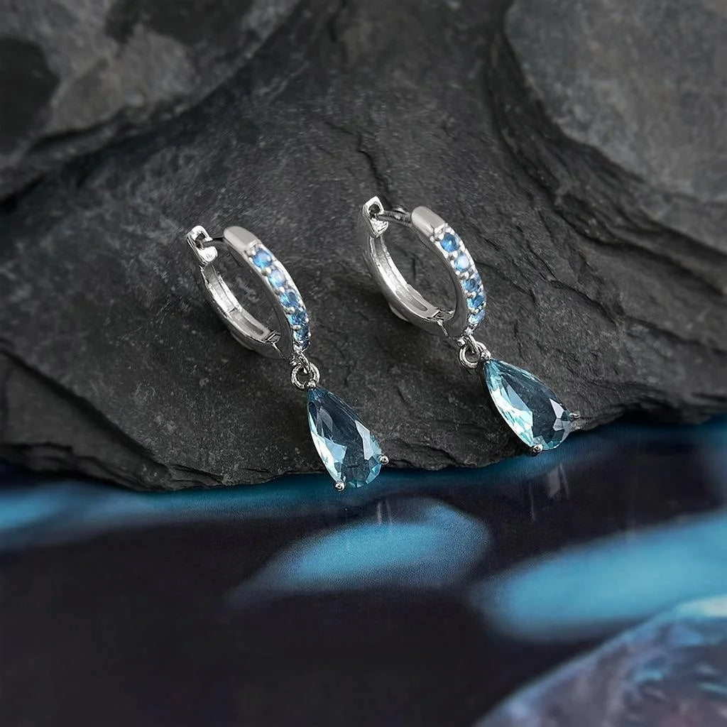 Light Luxury Aquamarine Teardrop Zircon Copper Geometric Round Drop Earrings