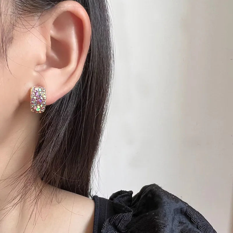 Luxury Iridescent Rhinestone Rectangular Hoop Stud & Clip On No Piercing Spiral Alloy Earrings