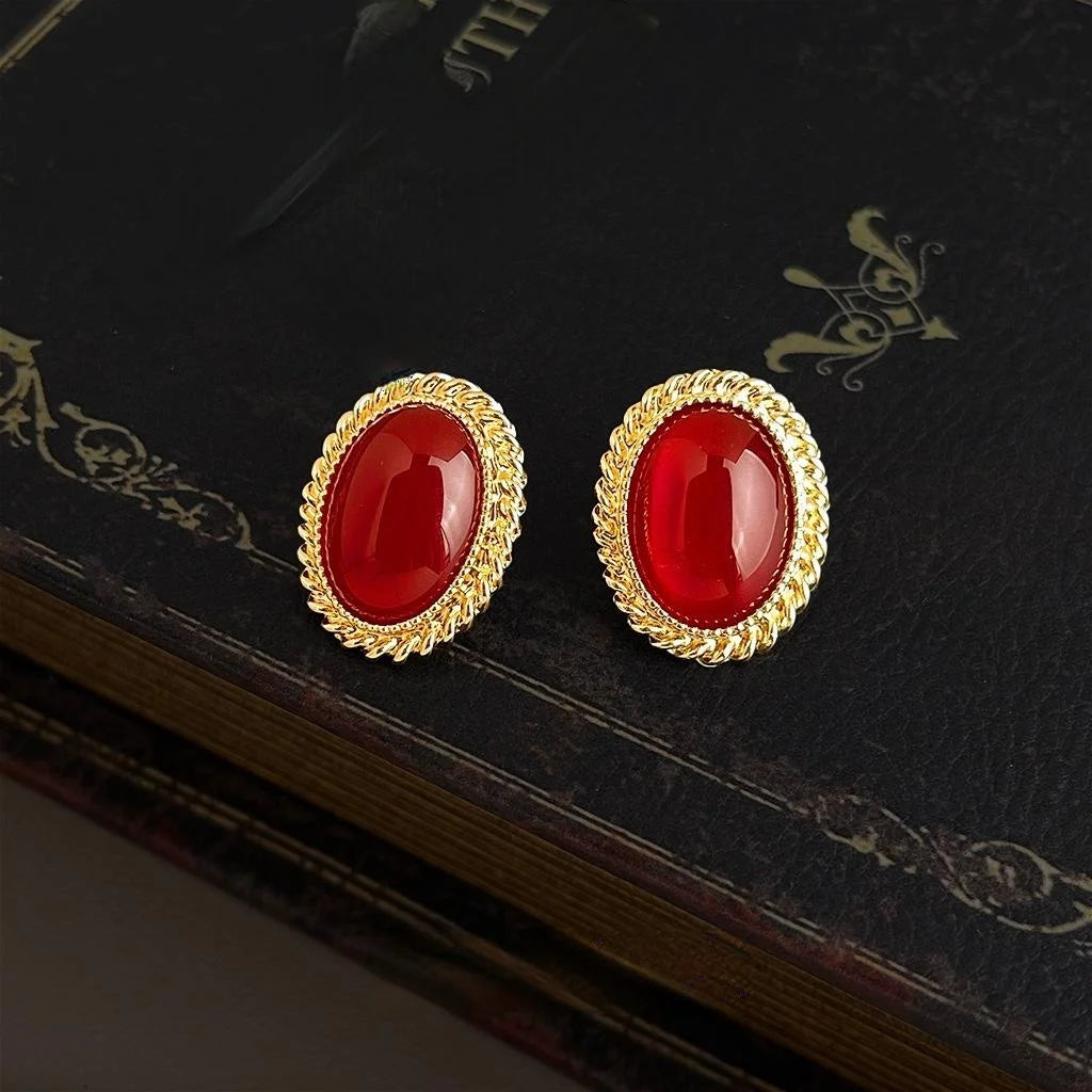 French Vintage 14K Plated Copper Oval Burgundy Geometric Stud Earrings Hong Kong Style For Women