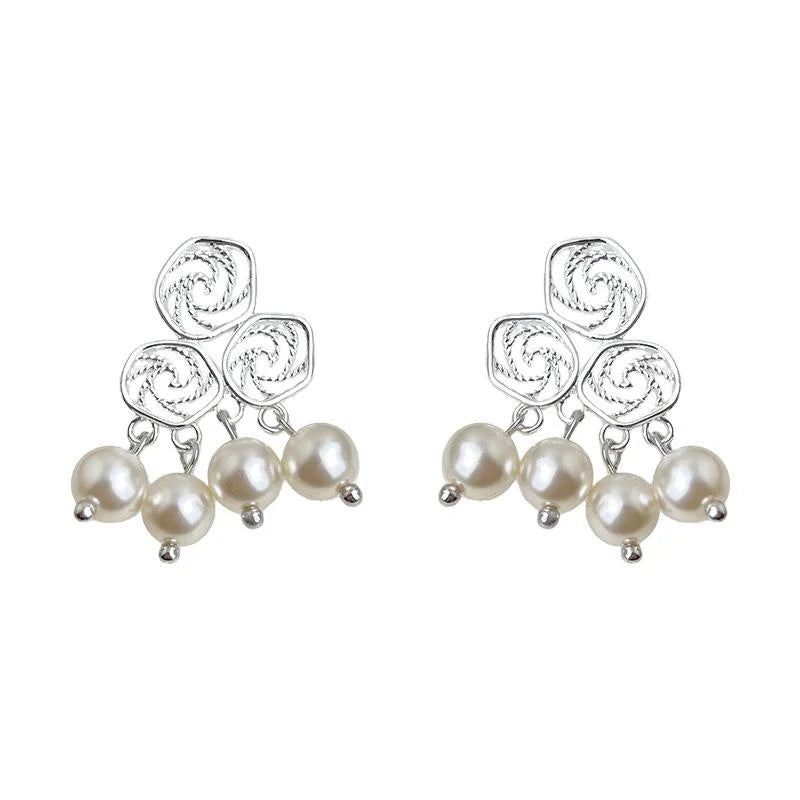 Auspicious Cloud Geometric Hollow Copper Glass Pearl Drop Earrings