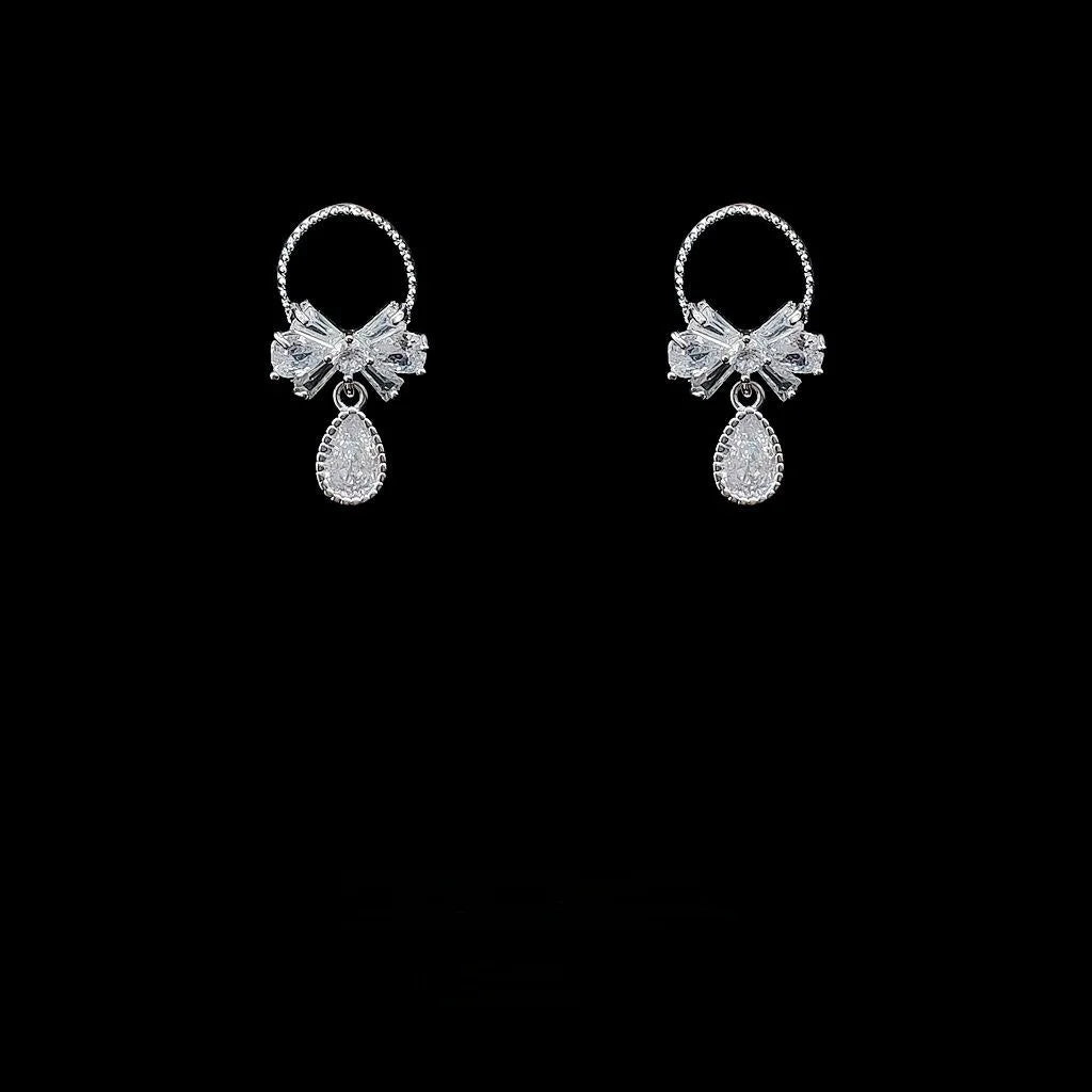 Zircon Bow Drop Earrings Silver Plated Sweet Pastoral Korean Style Jewelry
