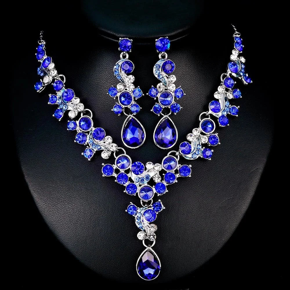 Luxury Red Crystal Rhinestone Necklace And Earrings Jewelry Set, Elegant Bridal Jewelry For Wedding Banquet