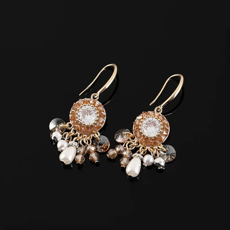 Vintage Spiral Disc Crystal Pearl Tassel Stud & Clip On No Piercing Luxury Alloy Drop Earrings