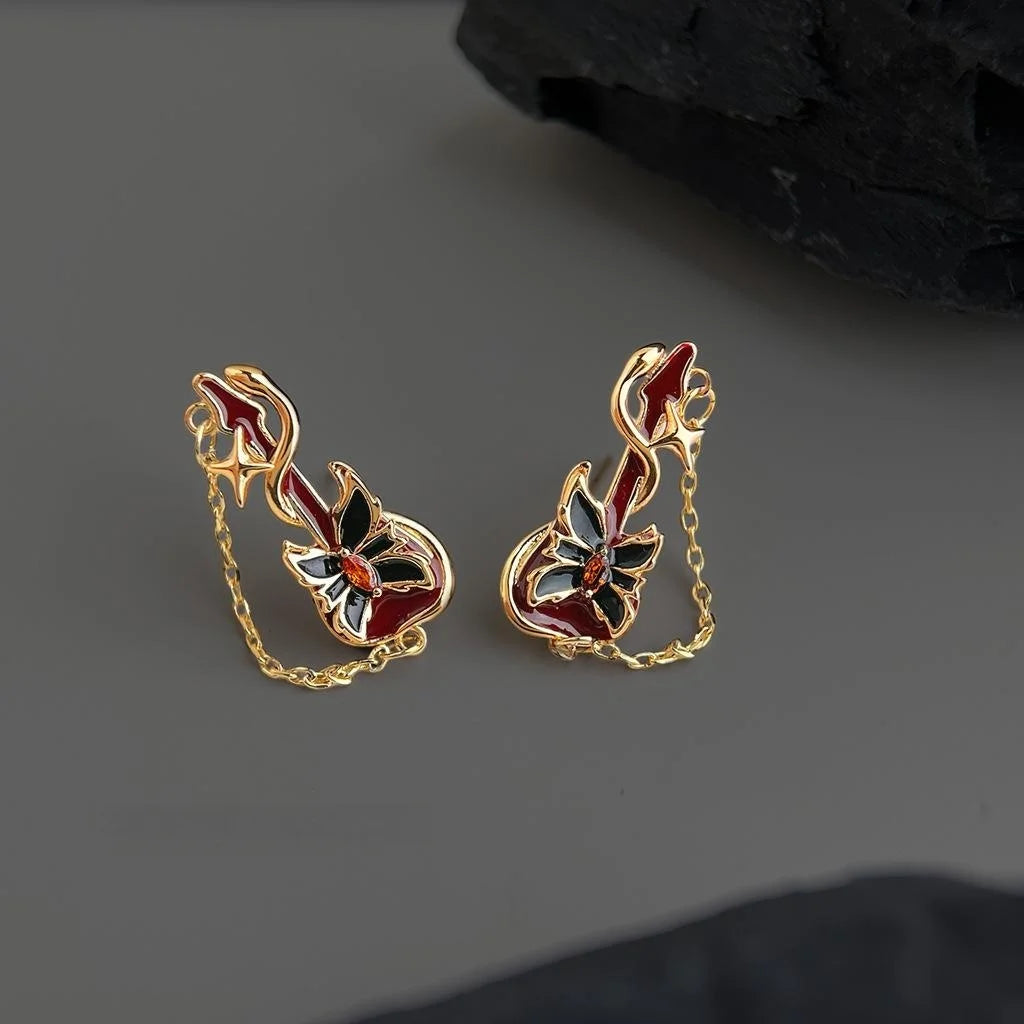 Niche Designer Copper Zircon Geometric Guitar Music Note Tassel Stud Earrings