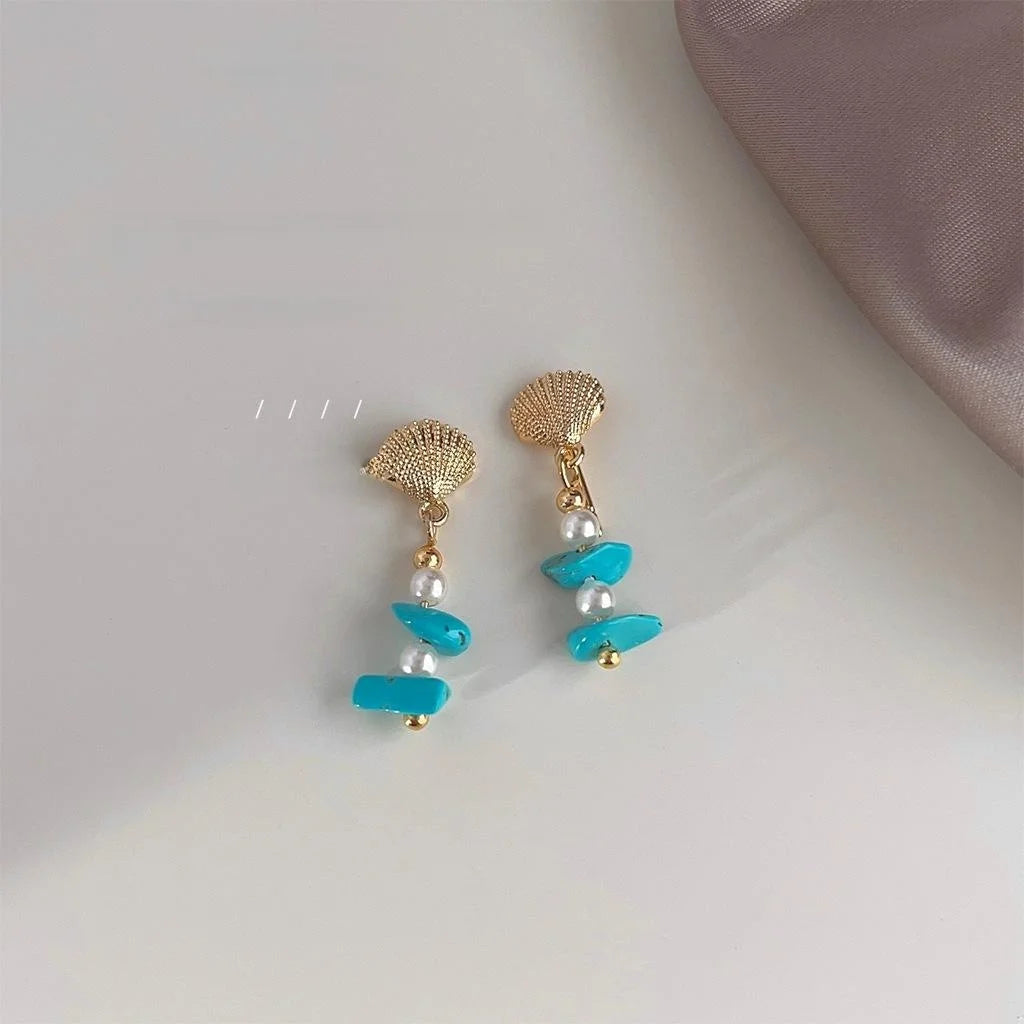 Original Designer Synthetic Turquoise Beaded Shell Pearl Eco Copper Boho Drop Earrings