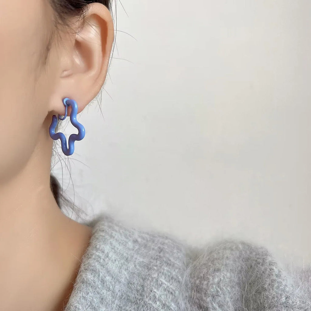 Light Blue Enamel Alloy Irregular Five Point Star Flower Hoop Stud & Clip On No Piercing Fashion Earrings