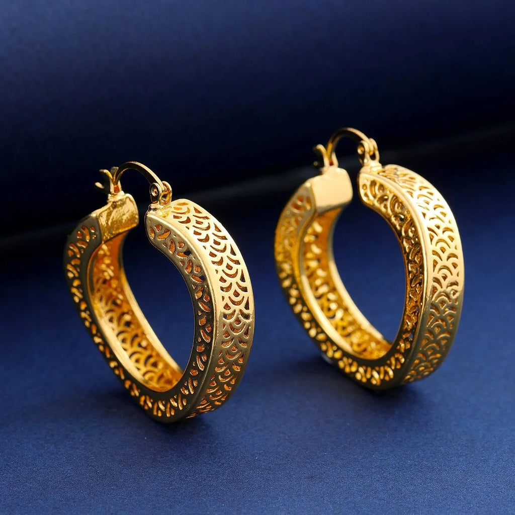 24K Gold Plated Dubai Bridal Jewelry Set With Hollow Round Pendant Necklace And Hoop Earrings For Wedding Gift