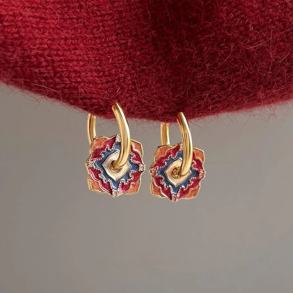 Hand Painted Enamel Copper Zircon Floral Auspicious Pattern Court Style Drop Earrings