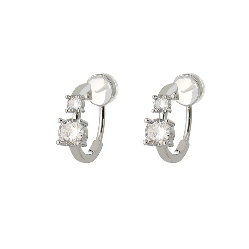 Elegant Zircon Hoop Ear Cuff Stud & Clip On No Piercing Silver Tone Minimalist Circle Earrings