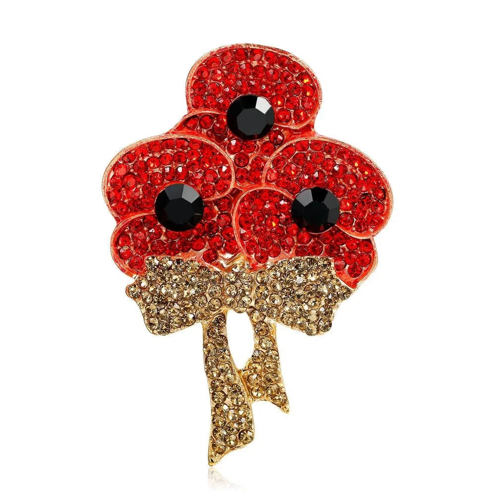 Elegant Rhinestone Poppy Flower Bouquet Brooch Red Blue Crystal Lapel Pin Corsage Suit Accessory Gift