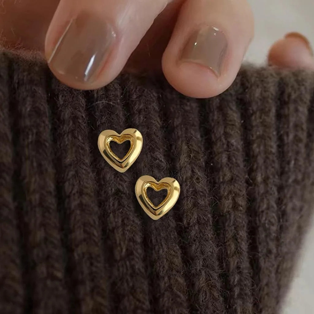 18K Gold Plated Copper Hollow Heart Stud Earrings Minimalist Women's Jewelry
