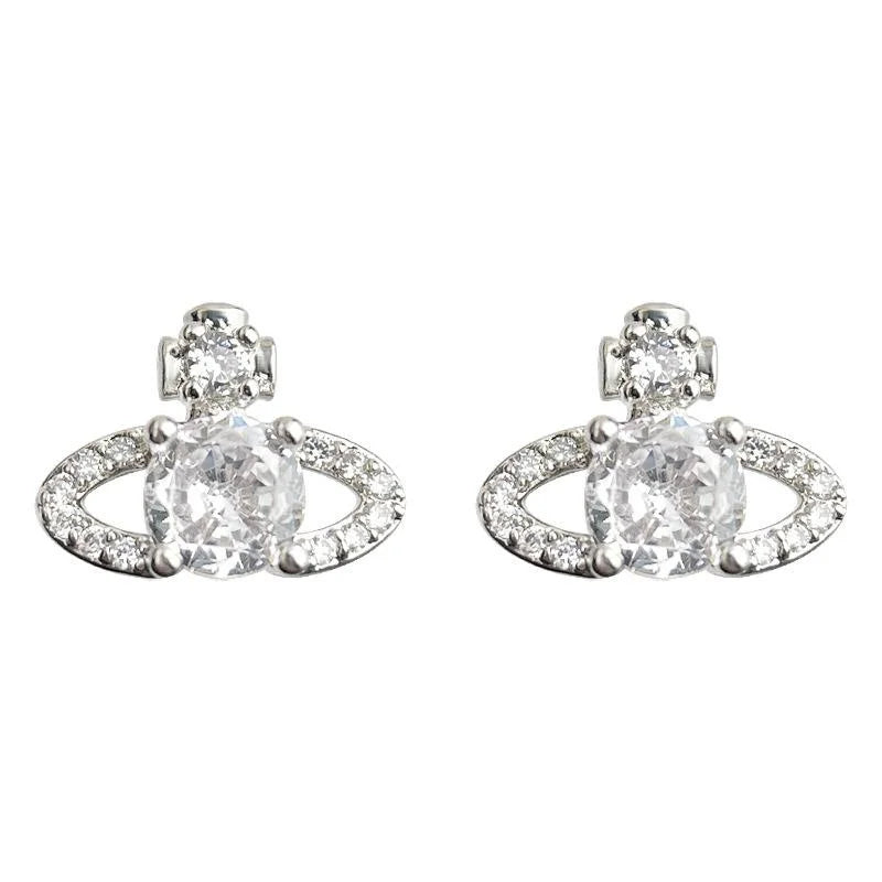 Delicate Micro Pave Zircon Saturn Stud Earrings, Geometric Ring Minimalist Style