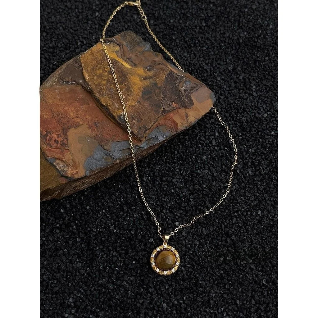 18K Gold Plated Natural Tiger Eye Stone Round Geometric Micro Pave Zircon Necklace