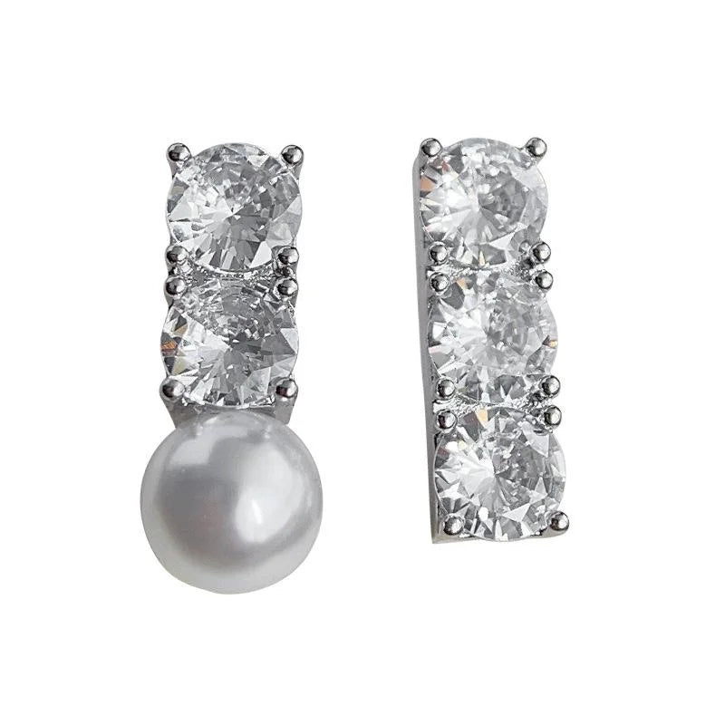 Geometric Asymmetric Glass Pearl Stud Earrings Copper Micro Pave Zircon Minimalist Office Jewelry