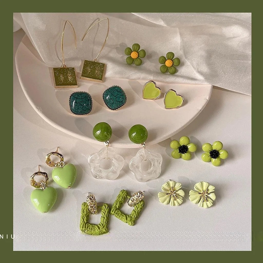 Avocado Green Flower Stud Earrings Silver Plated Alloy Korean Japanese Fresh Forest Style