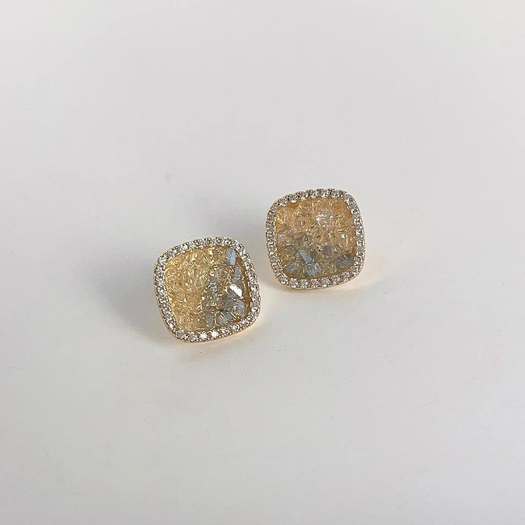 14K Plated Copper Square Glass Crystal Zircon Geometric Minimalist Stud Earrings For Women