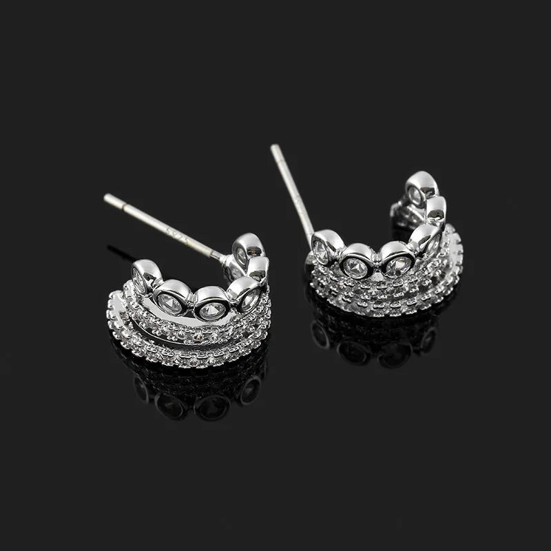 Elegant Silver Tone C Shape Zircon Huggie Hoop Stud & Clip On No Piercing Spiral Ear Cuff Earrings