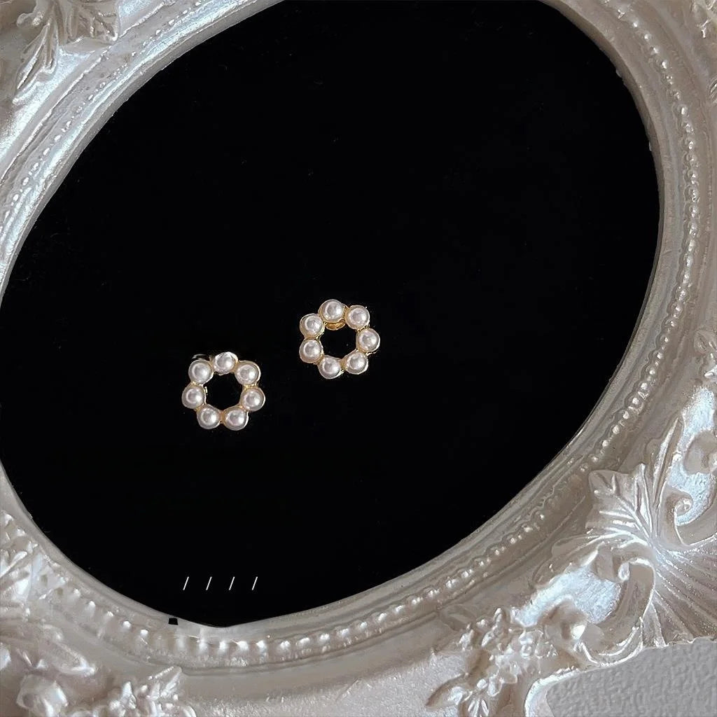 14K Gold Plated Copper Pearl Round Hollow Geometric Stud Earrings Simple Fresh Style