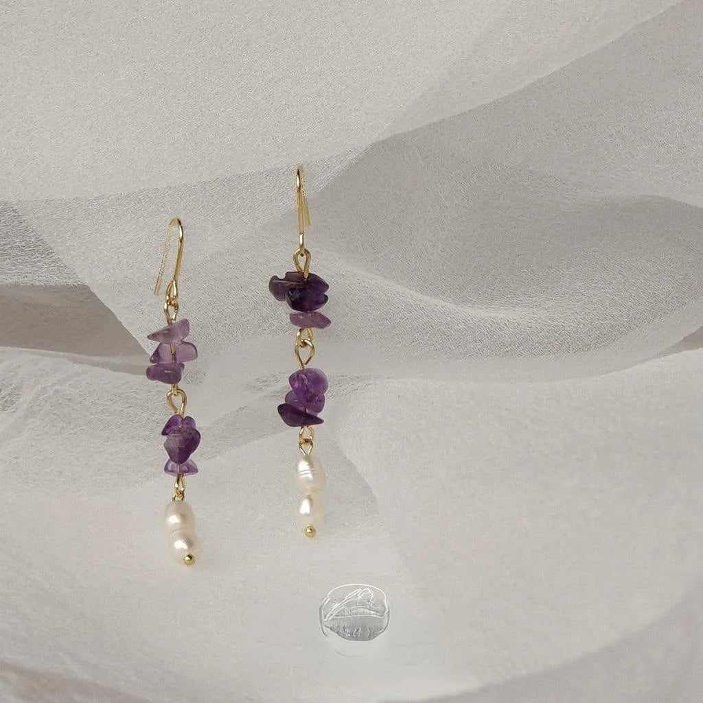French Vintage Amethyst Chip Freshwater Pearl Tassel Drop Earrings Korean Handmade Geometric Jewelry