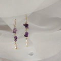 French Vintage Amethyst Chip Freshwater Pearl Tassel Drop Earrings Korean Handmade Geometric Jewelry