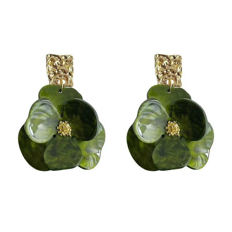 Tundra Green 14K Plated Vintage Acetate Iris Flower Drop Earrings Forest Style Jewelry