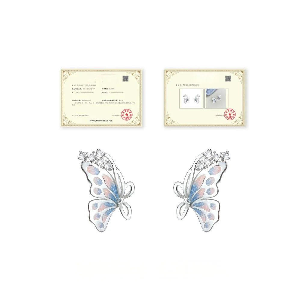Hand Painted Butterfly Zircon Stud Earrings Eco Copper Silver Plated Fairy Forest Jewelry
