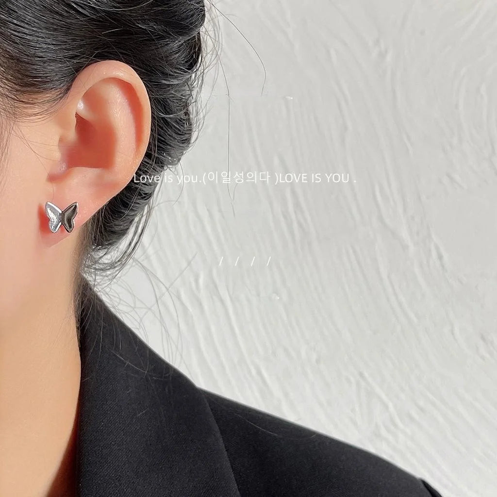 Minimalist Silver Tone Copper Butterfly Stud Earrings Smooth Metal Commuter Jewelry
