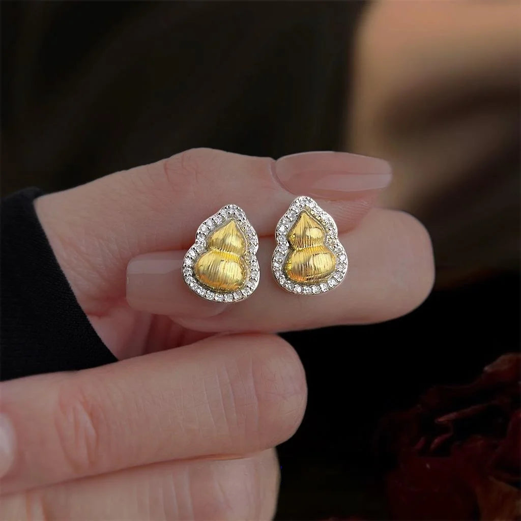Two Tone Micro Pave Zircon Gourd Stud Earrings, Silver Plated Copper Light Luxury Jewelry