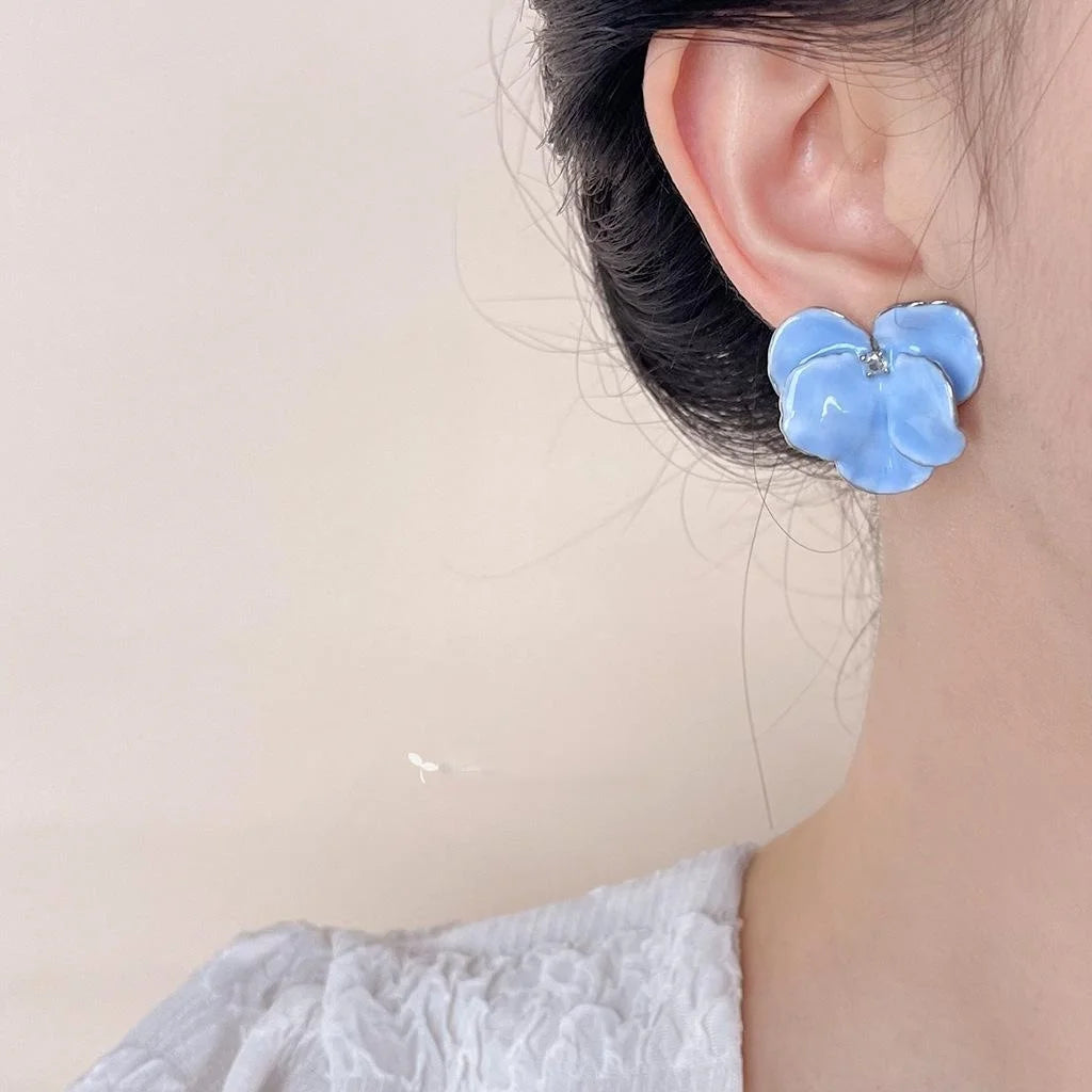 White Gold Plated Copper Baby Blue Iris Flower Drop Earrings Sweet Elegant Floral Jewelry