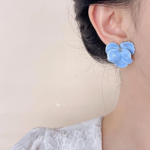 White Gold Plated Copper Baby Blue Iris Flower Drop Earrings Sweet Elegant Floral Jewelry