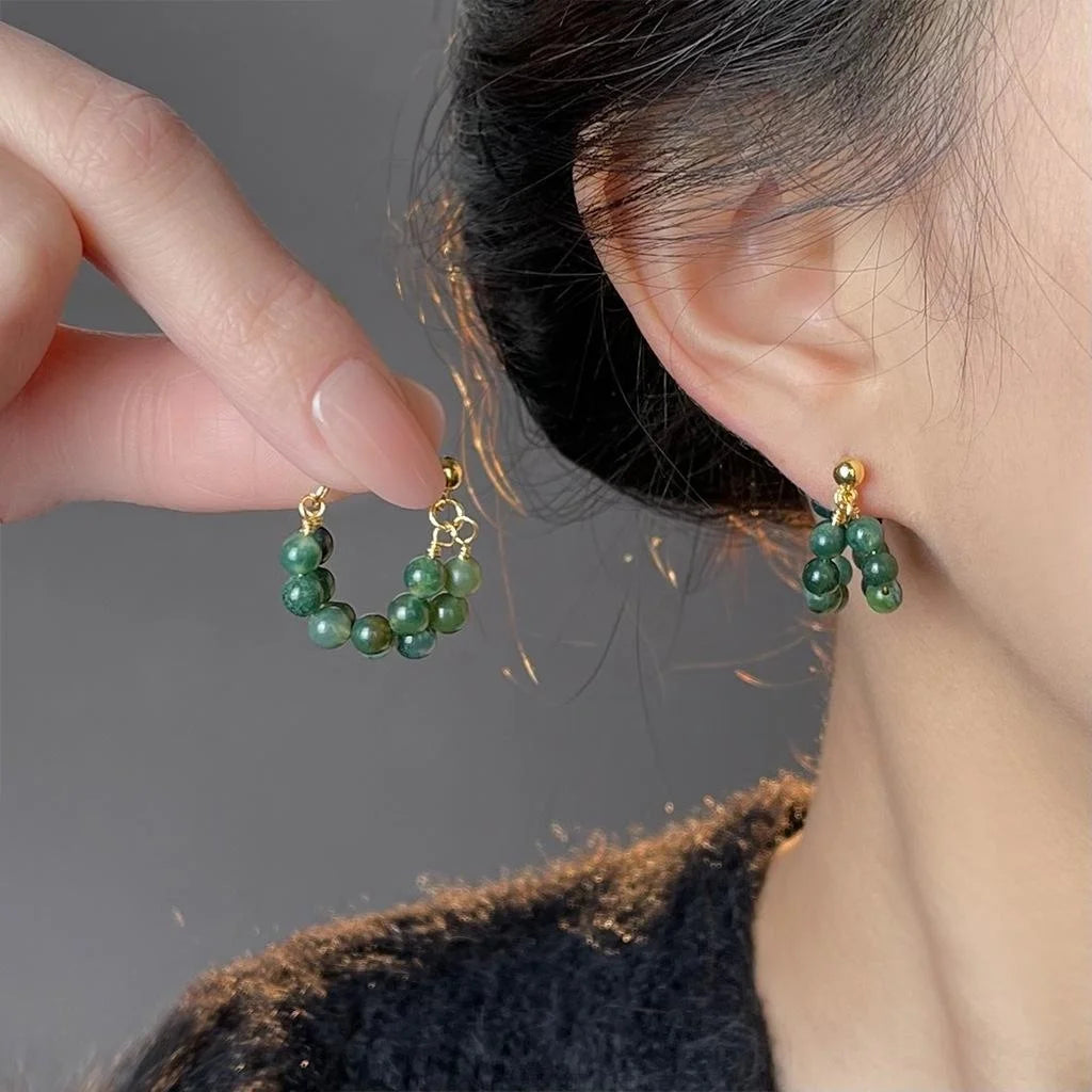 Forest Green Agate Drop Earrings New Chinese Style U Shape Geometric Round Hoop Jewelry