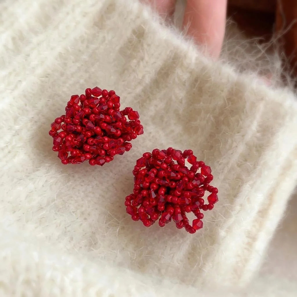 Handwoven Red Glass Crystal Flower Drop Earrings, Copper Seed Bead Designer Luxury Jewelry
