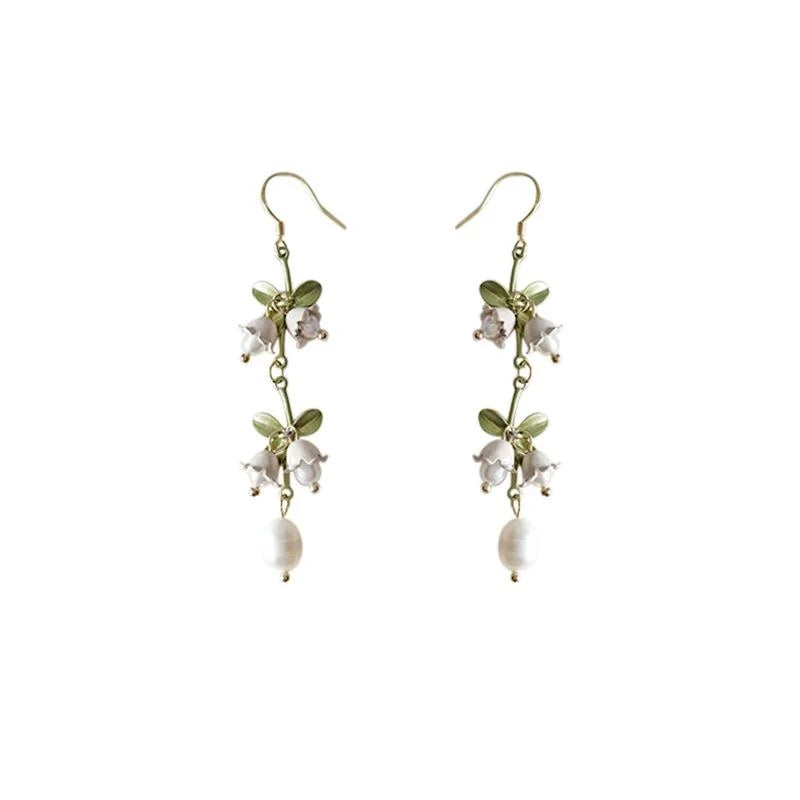 Handmade Lily Of The Valley Leaf Drop Earrings With Freshwater Pearls And Silver Plated Pins