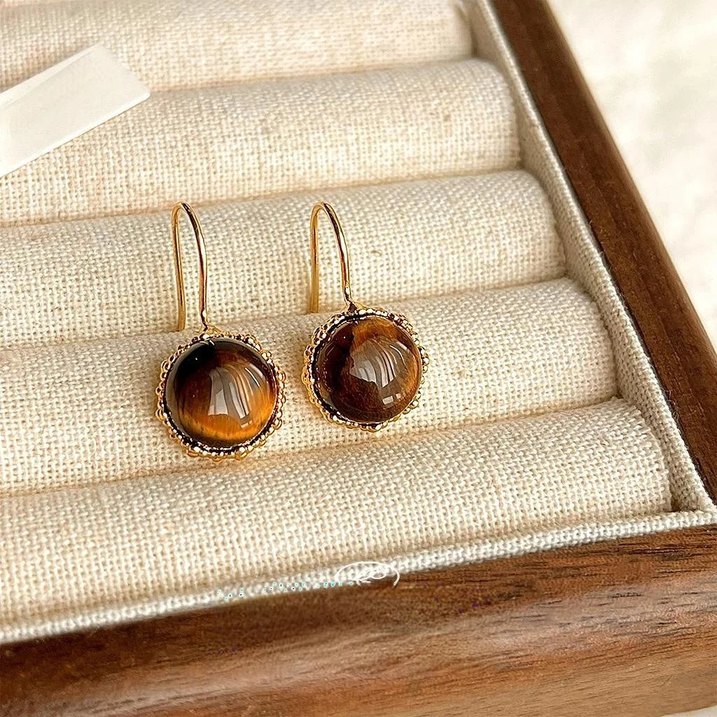2025 Autumn Winter Natural Tiger Eye Round Geometric 14K Plated Vintage Drop Earrings