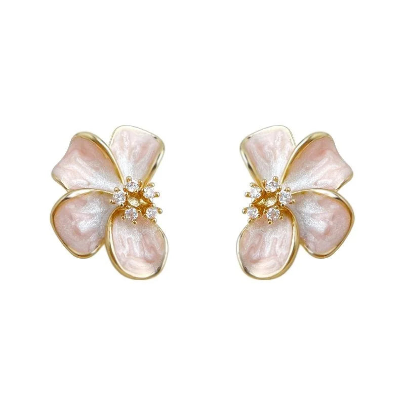 Fairy Style Gradient Enamel Flower Stud Earrings With Zircon, Copper