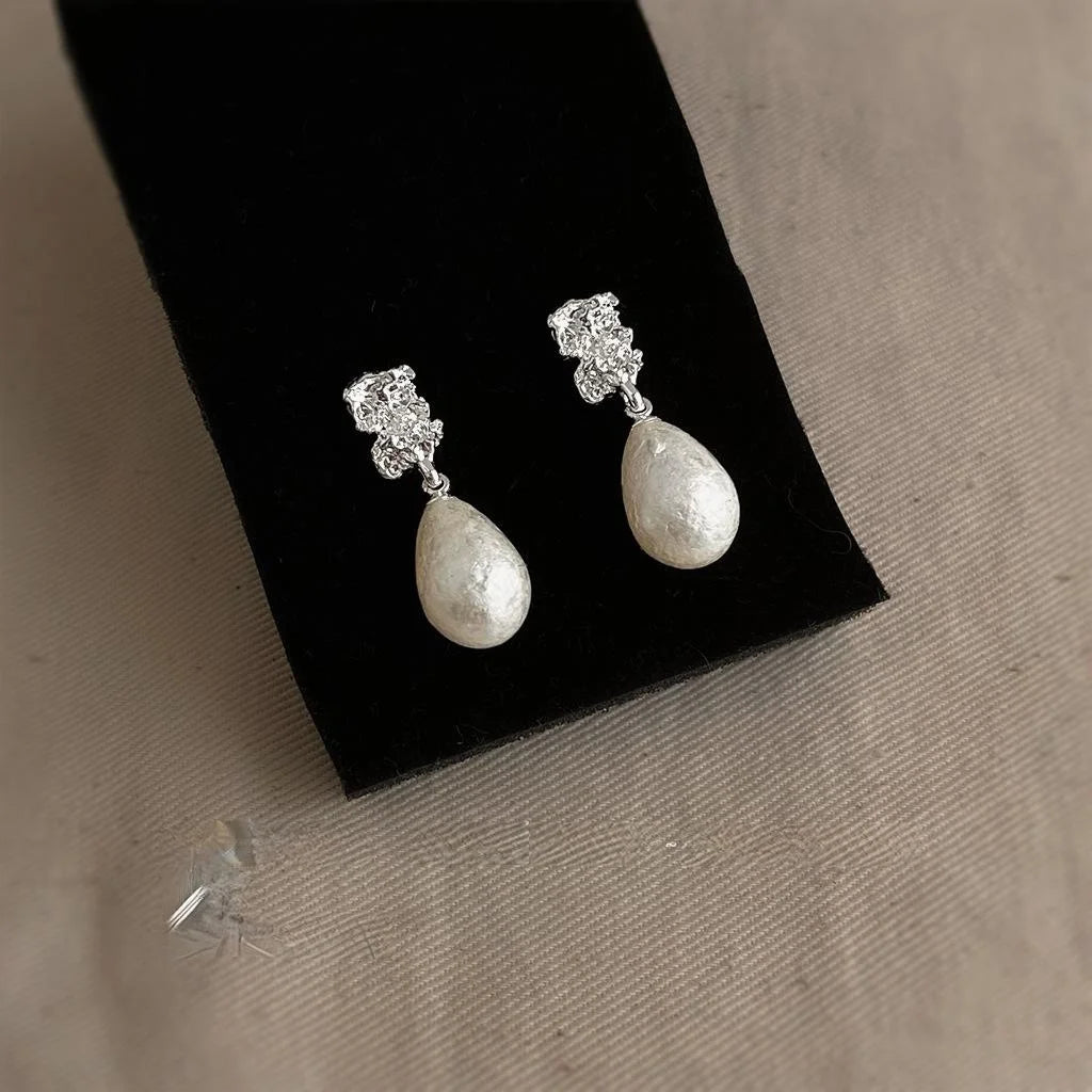 French Textured Snowflake Pearl Teardrop Copper Drop Earrings Silver Plated Luxury Style