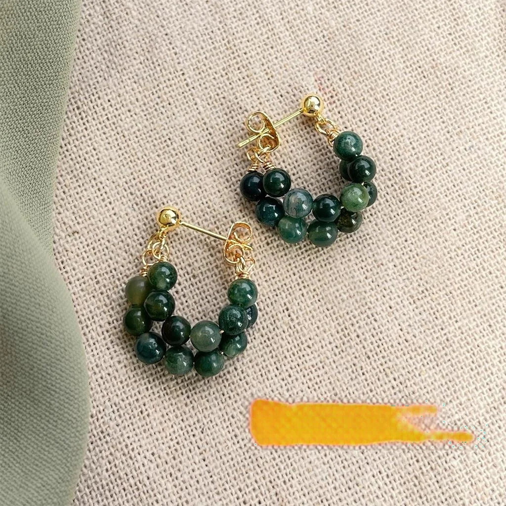 Forest Green Agate Drop Earrings New Chinese Style U Shape Geometric Round Hoop Jewelry