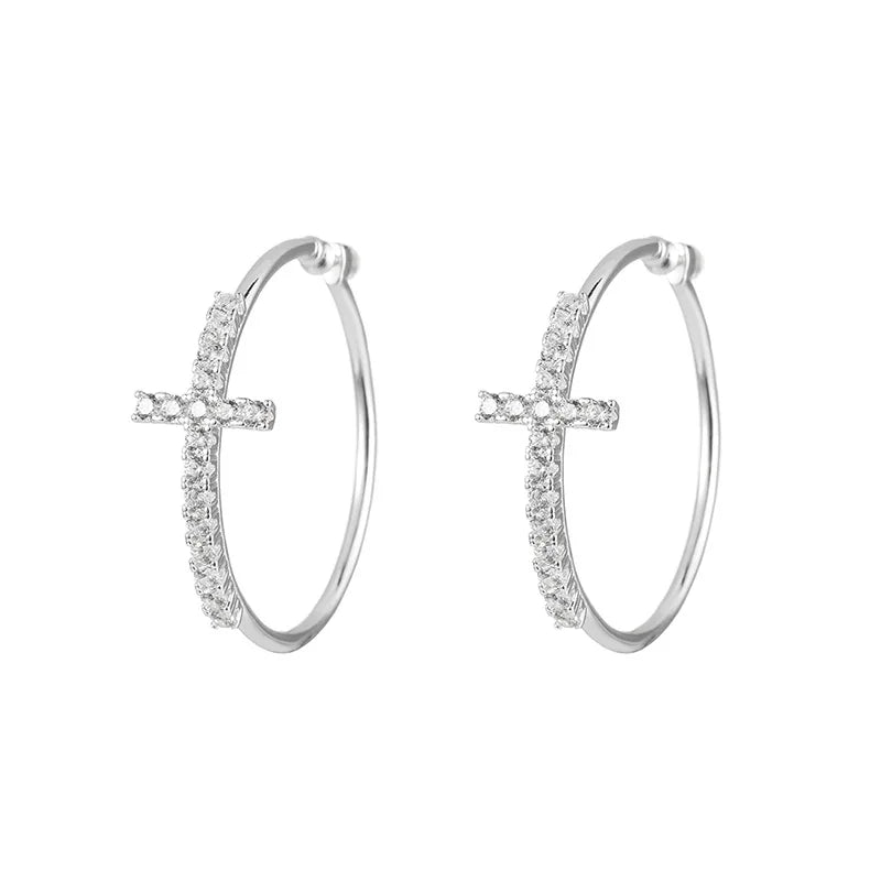 Elegant Silver Tone Alloy Zircon Cross Hoop Stud & Clip On No Piercing Geometric Circle Earrings