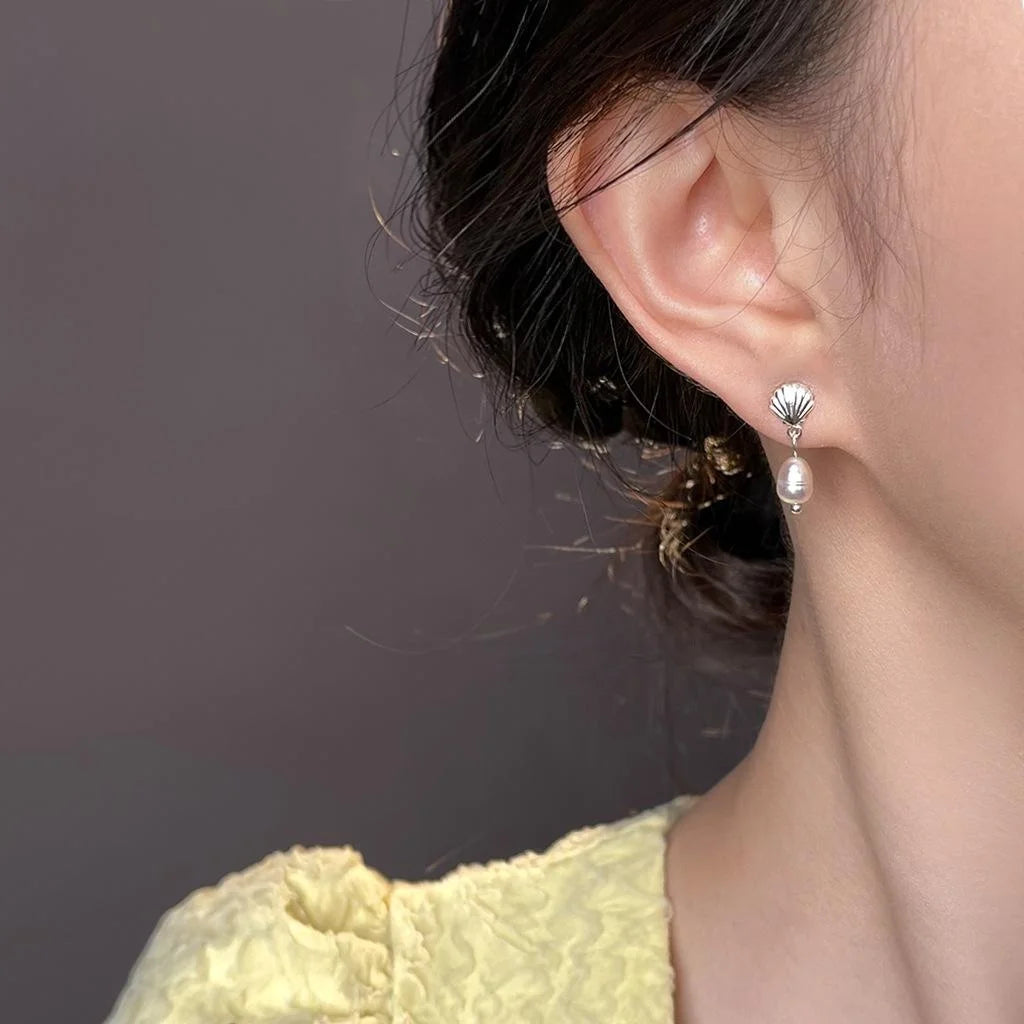 Minimalist Freshwater Pearl Shell Geometric Drop Earrings For Women