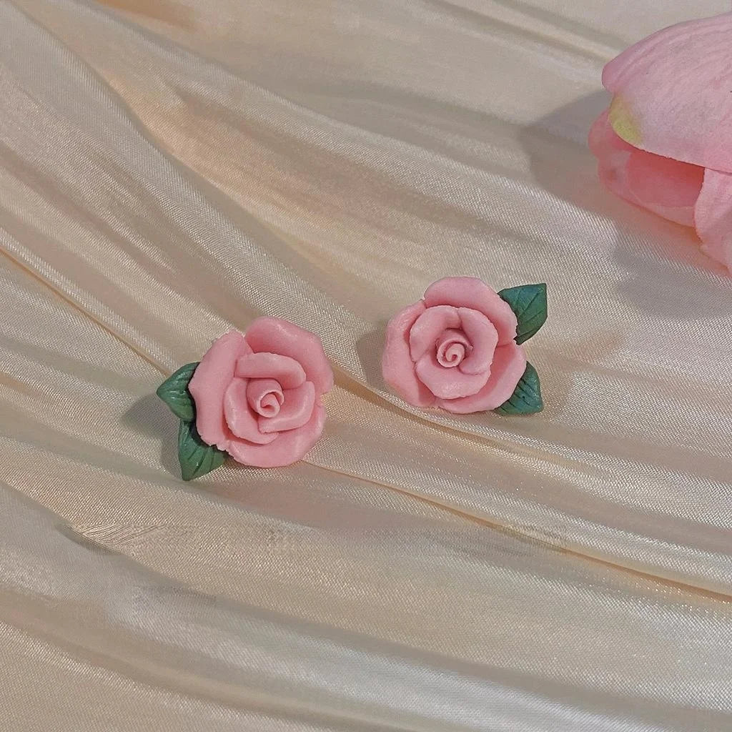 Pastoral Style Pink Ceramic Rose Flower Stud Earrings, Oil Painting Inspired Floral Jewelry