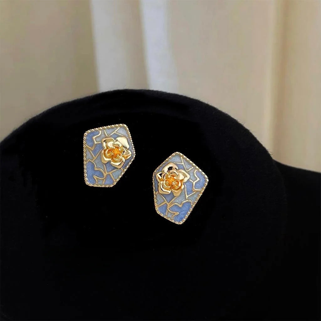 Original Flower Stud Earrings Eco Copper Haze Blue Court Style Designer Jewelry