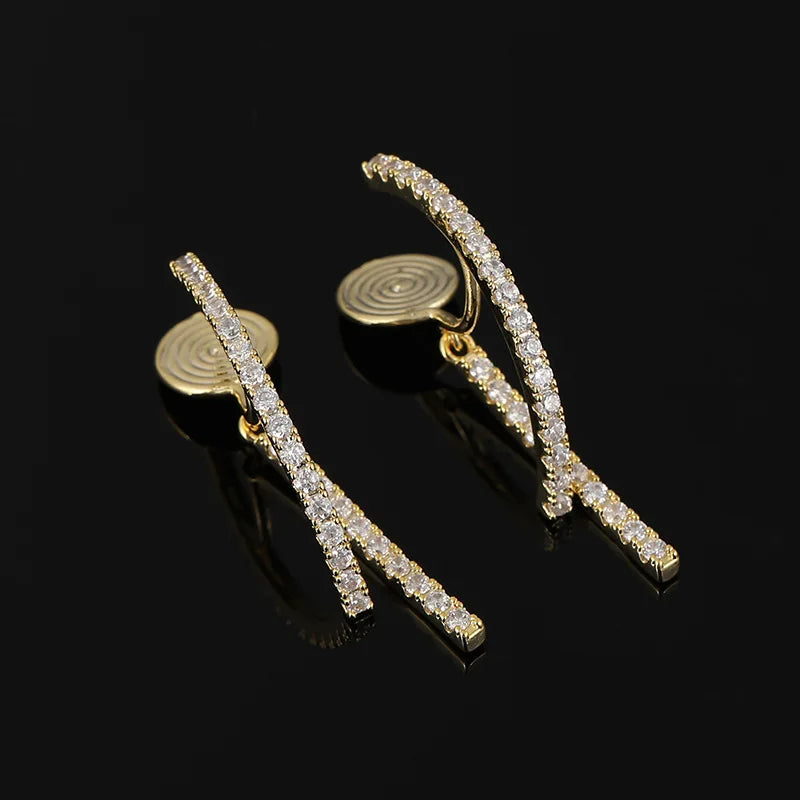 Elegant Gold Alloy Zircon Spiral Disc Cross Drop Stud & Clip On No Piercing French Slim Earrings