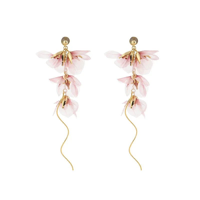 Elegant Pink Flower Alloy Tassel Stud & Clip On No Piercing Luxury Fairy Statement Drop Earrings