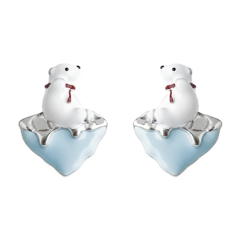 Cute Polar Bear Enamel Copper Stud Earrings Style Designer Animal Jewelry