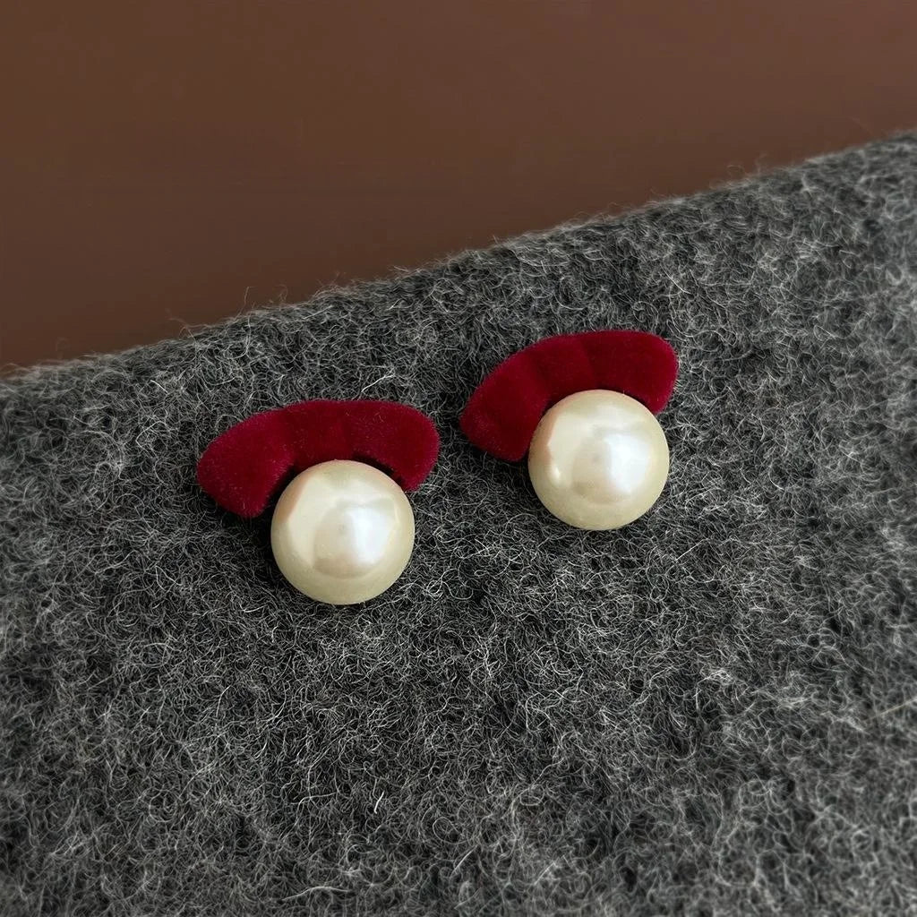 Vintage Hong Kong Style Burgundy Flocked Bow Pearl Stud Earrings