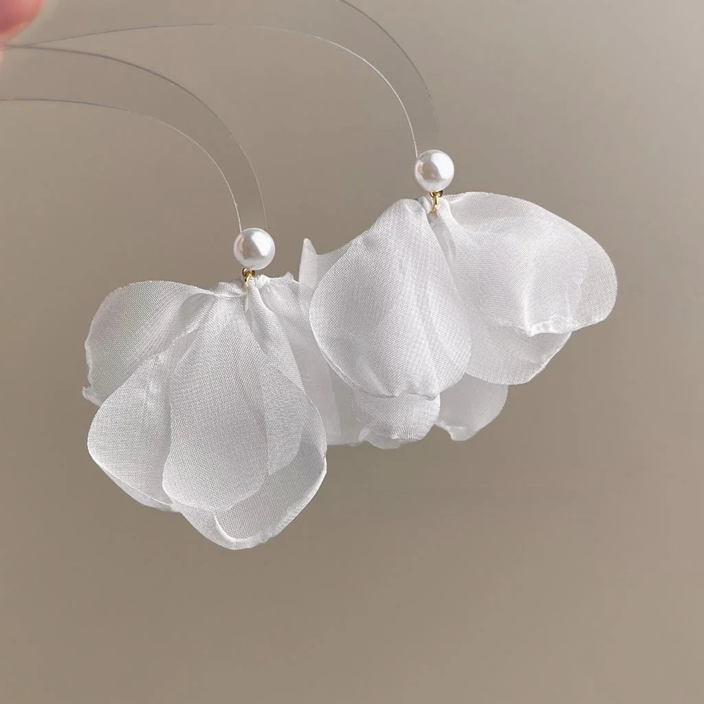 Minimalist Lace Mesh Flower Drop Earrings With Pearl For Women