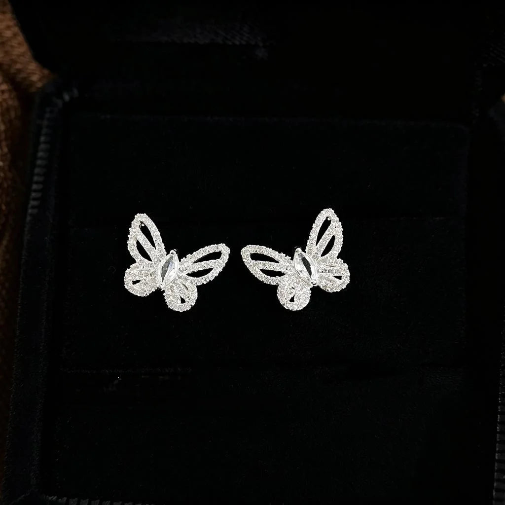 Full Zircon Sparkly Butterfly Stud Earrings Light Luxury Copper Silver Plated Ear Jewelry