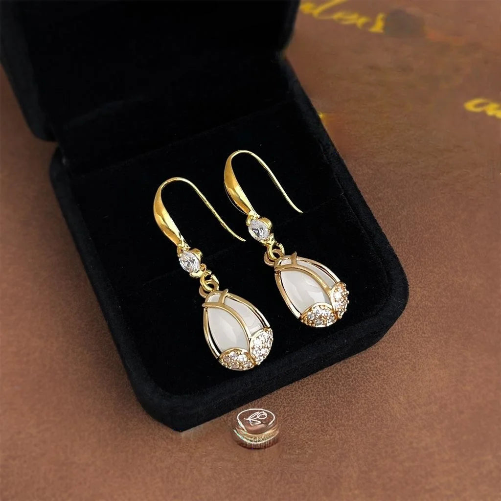 French Vintage Tulip Drop Earrings Copper Micro Pave Zircon Teardrop Glass Crystal Floral Jewelry