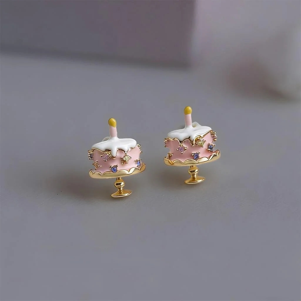 Original Designer Cute Birthday Cake Enamel Painted Copper Zircon Stud Earrings For Women