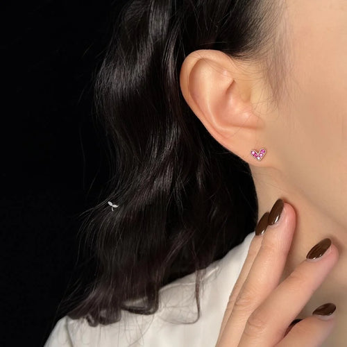 Mini Rose Red Heart Bear Zircon Stud Earrings For Women Fresh Minimalist Commuter Jewelry